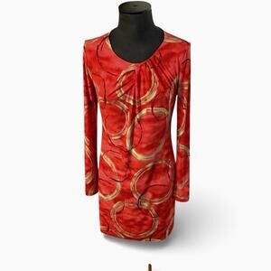 Vera Wang Simply Vera Womens Dress Small Red Gold Abstract BodyCon Long Sleeves